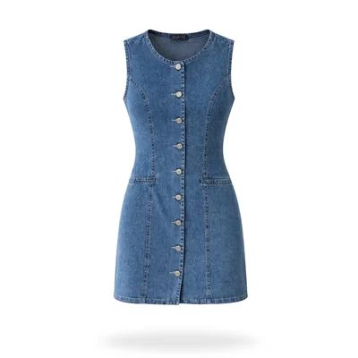 Vestido De Mezclilla Cuello Redondo Azul