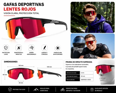 Lentes Deportivos Protección UV400 Espejeados Rojos para Ciclismo, Running y Motociclismo carreras