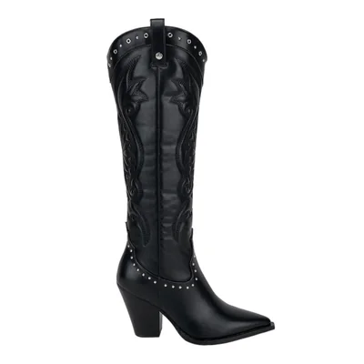 Bota de mujer, larga, de tipo texano, con tubo bordado y estoperoles, acabado napa, color negro, mod. 1332824
