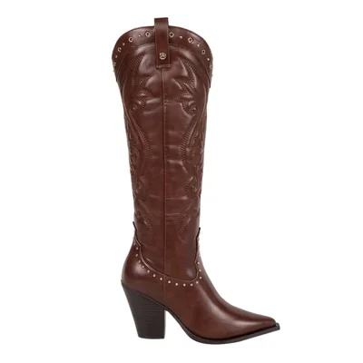 Bota de mujer, larga, de tipo texano, con tubo bordado y estoperoles, acabado napa, color cognac, mod. 1332825