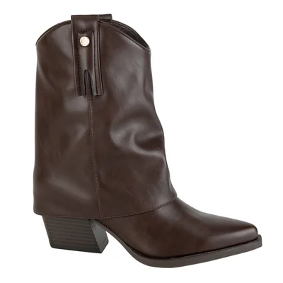 Bota de mujer, corta, de tipo texano, con doble tubo, tacón ancho y medio, color café, mod. 1333241