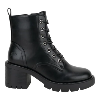 Bota de mujer, de tipo militar, con suela track, tacón ancho y medio, acabado napa, color negro, mod. 1325662