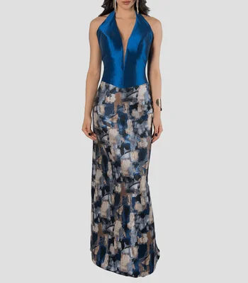 Vestido de fiesta largo estampado Mujer