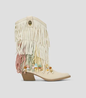 Botas vaqueras medias Fringe en piel vacuna con tacón bajo ancho Mujer