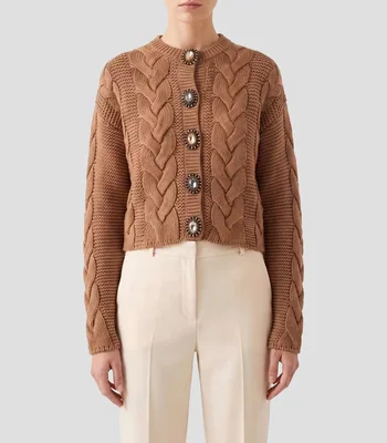 Cárdigan liso con detalle trenzado Mujer