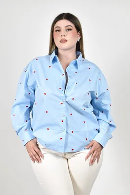 Camisa bordado corazones Roman Fashion /Tallas Extrasl, 5127 (Azul cielo)