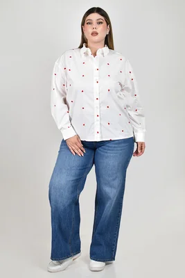 Camisa bordado corazones Roman Fashion /Tallas Extrasl, 5127 (Blanco)
