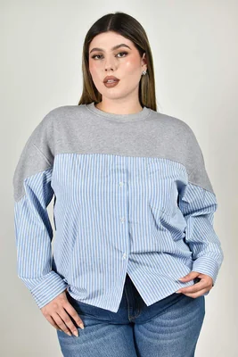 Blusa combinada a rayas Roman Fashion /Tallas Extras, 5129 (Azul cielo)