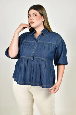 Blusa denim con botones Roman Fashion /Talla Extras, 12842D (Mezclilla dark)