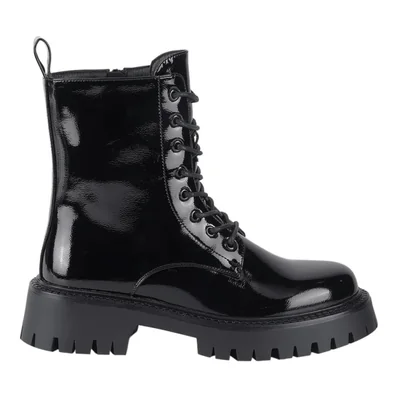 Bota de mujer, de tipo militar, acabado charol, con cordones, suela track, color negro, mod. 1318439