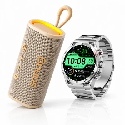 BOCINA SANAG M15 BEIGE + SMARTWATCH FILWANS GTR PLATA