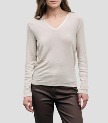 Playera cuello en V manga larga lisa Mujer