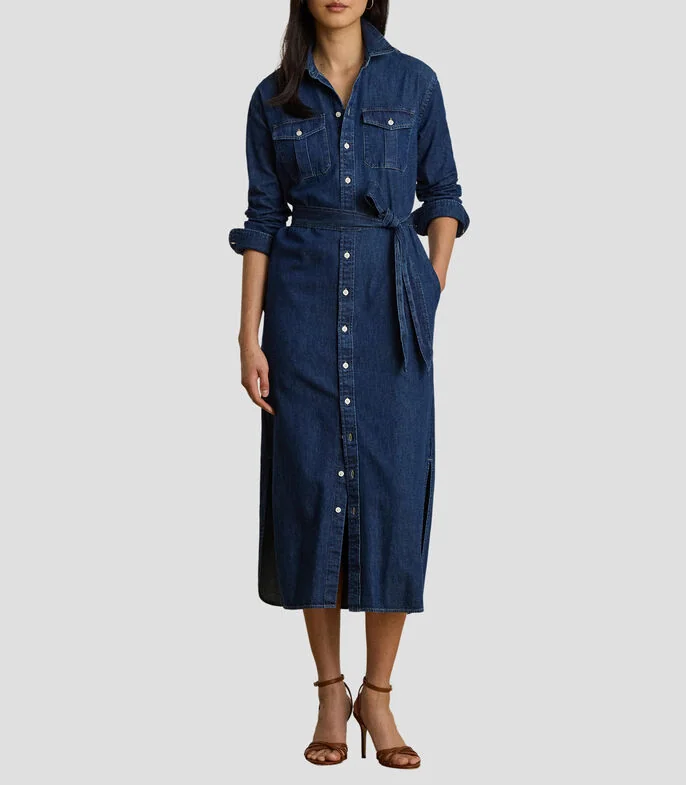 Vestido casual midi manga larga sólido Mujer