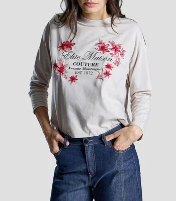 Playera cuello redondo manga larga con estampado Mujer