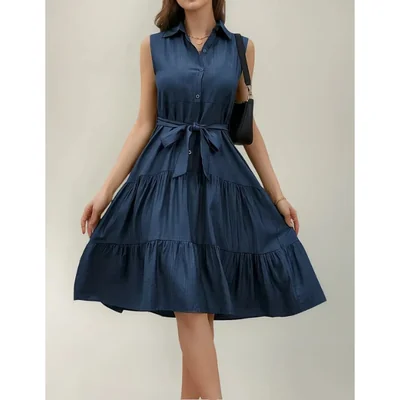 Vestido Midi Azul para Mujer con Cinturón, Cuello en V y Diseño Casual Elegante para Uso Diario y Ocasiones