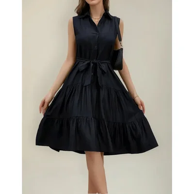 Vestido Midi Negro para Mujer con Cinturón, Cuello en V y Diseño Casual Elegante para Uso Diario y Ocasiones