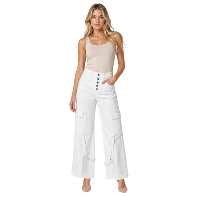 Jeans Wide Leg Cargo Con Tiras Y Botones Para Mujer