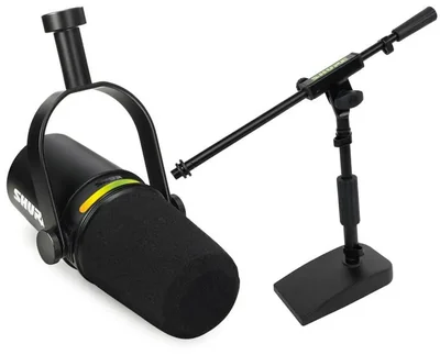 Micrófono Shure MV7+ para Podcast USB‑C y XLR con soporte negro