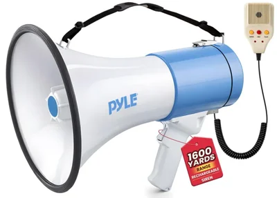Megáfono Pyle con Sirena Incorporada 50 Vatios Batería Recargable - Función de Grabación de 10 Segundos para Fútbol Béisbol Baloncesto Porristas