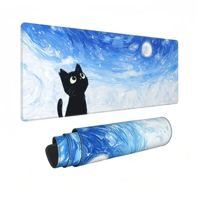 Alfombrilla de ratón Leogi 80x30 cm Diseño de gato bajo la noche estrellada