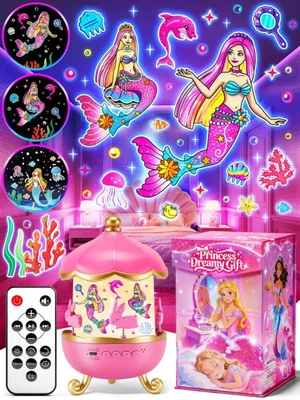 Proyector de luz nocturna para niñas con temática de sirena 15 sonidos relajantes + 18 películas + 378 colores rotación 360° + control remoto +