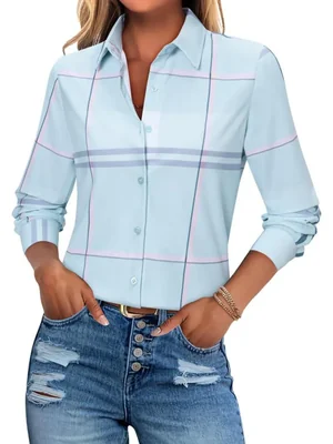 Camisa Siliteelon de Mujer a Cuadros Manga Larga Ajustada M