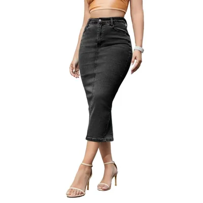 Falda larga de jean para mujer midi elástica estilo cuerpo y línea A