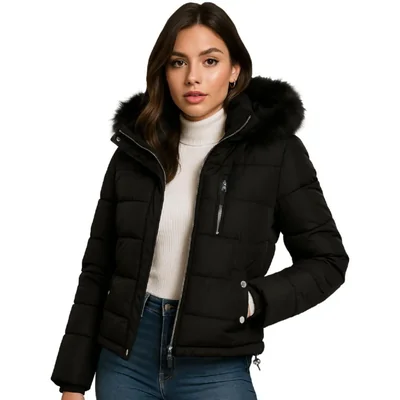 Abrigo acolchado para mujer Steve Madden negro con aislamiento y piel sintética