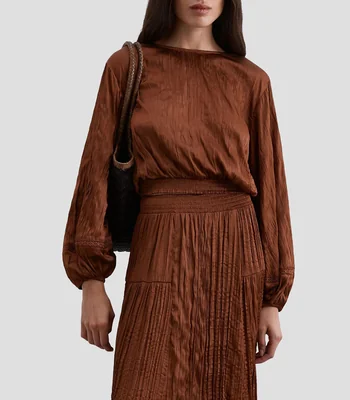Blusa satinada arrugada manga larga liso Mujer