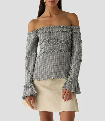 Blusa con cuadros manga larga Mujer