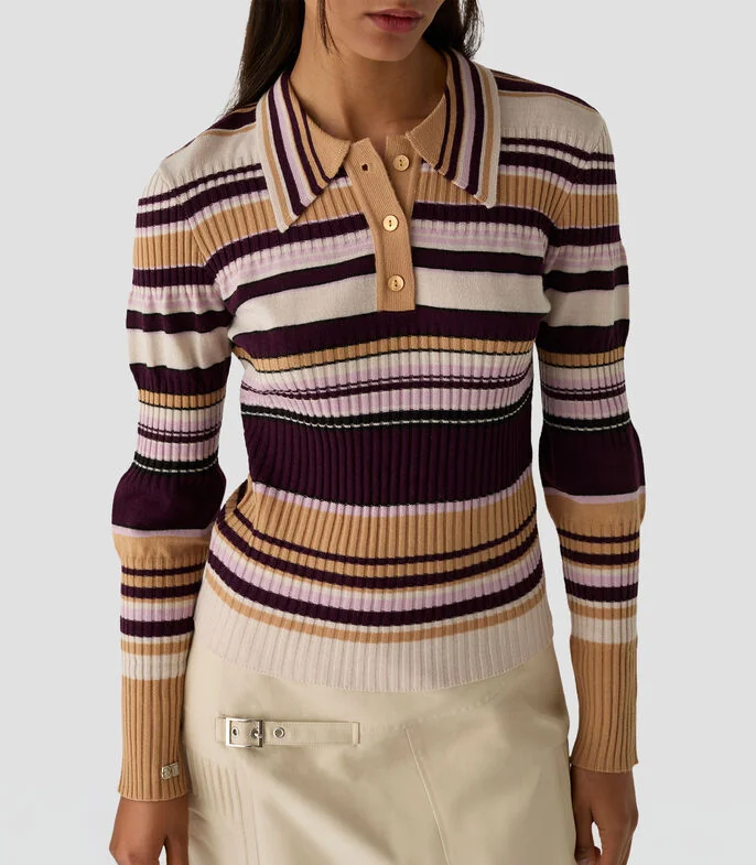 Playera tipo Polo manga larga líneas Mujer