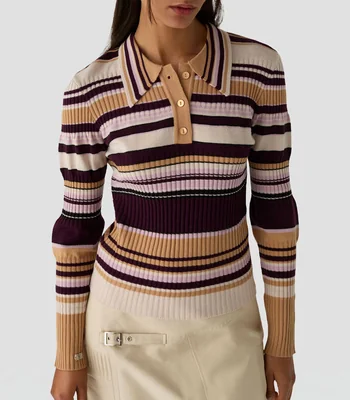 Playera tipo Polo manga larga líneas Mujer