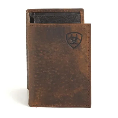 Cartera Trifold ARIAT Marrón de Cuero de Plena Flor con Logo en Relieve
