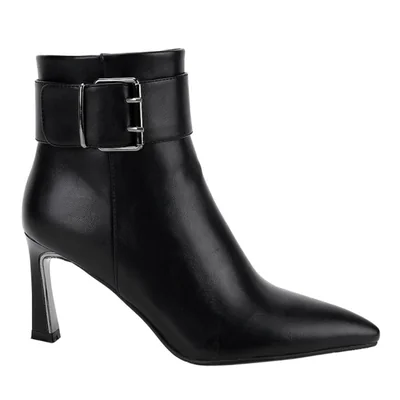 Bota de mujer, de vestir, con hebilla metálica, puntal, tacón medio y delgado, acabado napa, color negro, mod. 1316071
