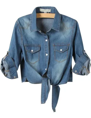 Camisa AMEBELLE para mujer top corto de denim con lazo frontal
