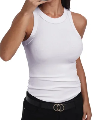 Remera GEMBERA Mujer sin Mangas con Espalda Deportiva y Cuello Alto en Punto Canalé Blanca