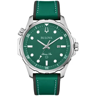 Reloj Bulova Marine Star de Cuarzo Caja Plateada y Correa de Cuero Verde