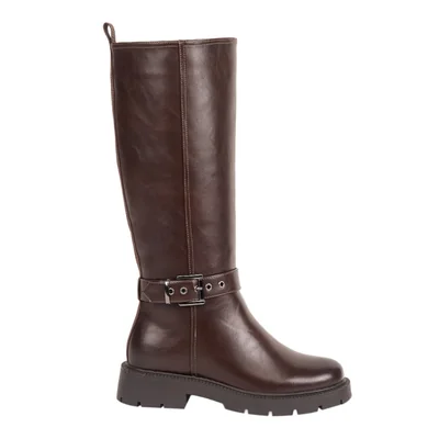 Bota de mujer, de montar, larga, acabado napa, tacón ancho y bajo, color café, mod. 1315588