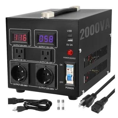 Transformador Convertidor De Voltaje Vevor 2000w 110v A 220v Con 4 Enchufes Y 2 Pantallas Led