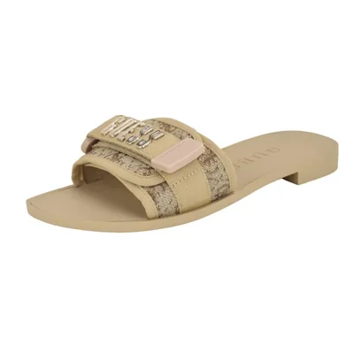 Sandalia GUESS Elyze dorado y marrón con logo estilo sin cordones talla 9