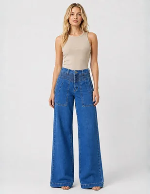 Jeans Wide Leg Con Costuras Y Bolsas Para Mujer