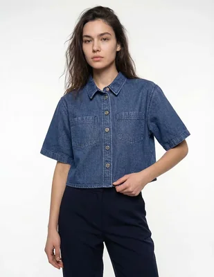 Camisa Petite Studio de mezclilla manga al codo para mujer