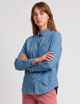 Camisa Petite Studio de mezclilla manga larga para mujer