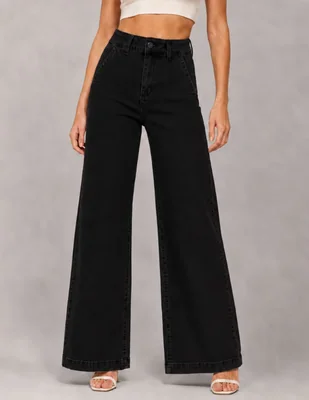 Jeans regular wide leg cintura alta obs jeans para mujer
