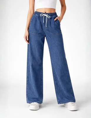 Jeans regular wide leg cintura alta obs jeans para mujer