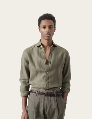 Camisa casual Puroego de lino manga larga para hombre