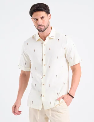 Camisa casual cubavera de algodón y lino manga corta para hombre