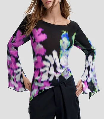 Blusa con estampado floral manga larga Mujer
