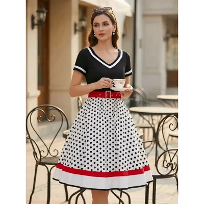 Vestido Vintage para Mujer con Estampado de Lunares y Diseño Patchwork Elegante para Noche y Fiesta Blanco Lunar Negro