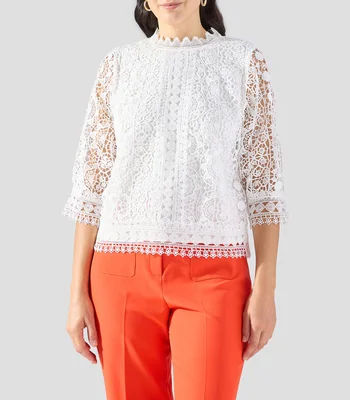 Blusa lisa con encaje manga 3/4 Mujer